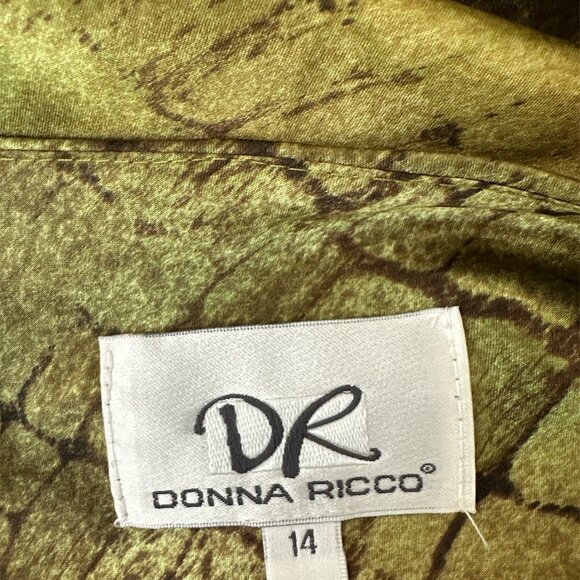 Donna Ricco Size 14 Olive & Brown Snakeskin Satin Cap Sleeve Blouse Drape Neck - Picture 4 of 5
